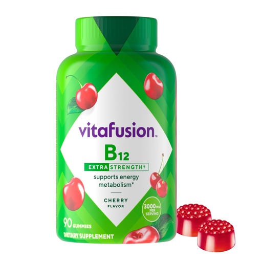 [BRSWIHIDBQCWOETC] vitafusion Extra Strength Vitamin B12 Gummies, Supports Energy Metabolism and Nervous System Health Support, Gummy Vitamin Supplement for Women and Men, Cherry Flavor, 45 Day Supply, 90 Count