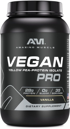[BRSRAYY6OF4AE3L7] Amazing Muscle Vegan Protein Powder | 28 Grams Protein | 34 Servings | Zero Sugar | Yellow Pea Protein Isolate Supplement | Made in USA (3 Lb, Vanilla)