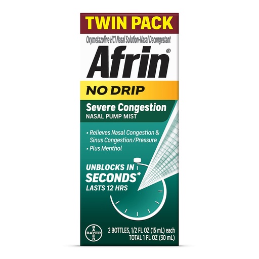 [BRSWGGQOOYBRSG37] Afrin No Drip Severe Congestion Nasal Mist Twin Pack, Non-Drowsy, Fast-Acting Decongestant for Nasal Congestion and Sinus Pressure Relief, Adults and Children 6 and Older, .5 fl oz (Pack of 2)