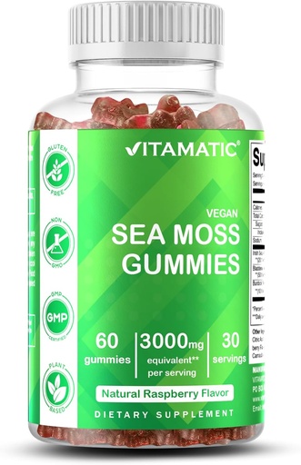 [BRSW2AQCOB7GMELZ] Vitamatic Irish Sea Moss Gummies – 3000mg Equivalent Per Serving (from Extract 132.5mg) – 60 Ct Made with Bladderwrack & Burdock Root – Seamoss Supplement for Thyroid, Energy & Immune Support