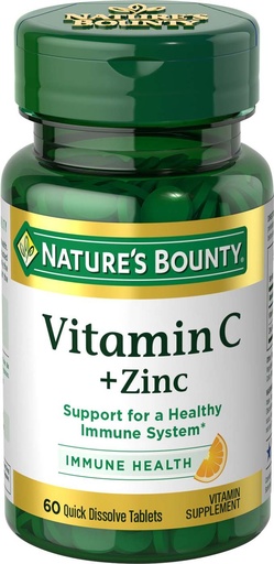 [BRSWIBD5AANB4FDU] Nature's Bounty Vitamin C + Zinc, Vitamin Supplement, Supports Immune Health, 60 mg, 60 Tablets