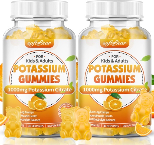 [BRSRAGQ7BMJQI2TO] softbear Potassium Citrate 1000mg, Sugar Free Potassium Gummies for Adults Support Leg Cramps & Muscle Health High Potency Potassium Supplement Gummies Orange Flavor 120 Count