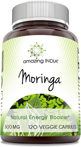 [BRSROGIDPIGQODQU] Amazing India Moringa 500 mg 120 Veggie kapsler Supplement 124; Non- GMO