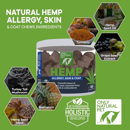 [BRSWYYYZBUNQMH3G] Only Natural Pet Allergy, Skin & Coat Hemp Soft Chews - Allergy Immune Bites for Dogs, Omega 3 Supplement, Calming Treats for Itchy Skin Relief, Hot Spot - (60 Count) (AL.)