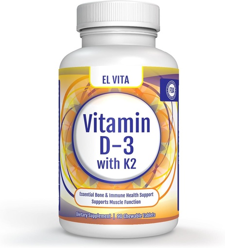 [BRSROCT5CAFBO2DG] Vitamin D3 & K2. 90 Natural Cherry Chewable Vegetable Tablets. 2-in-1 Support Vitamin Dietary Supplement. Promotes Essential Bone & Immune Health. No Sugar Added.
