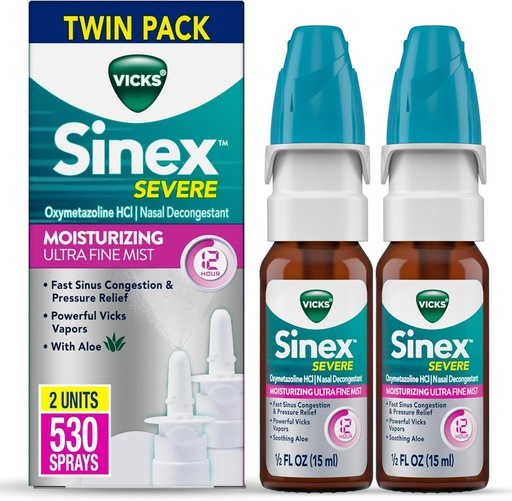 [BRSRAZDQAEJREDY3] Vicks Sinex Severe Nasal Spray, Moistizing Ultra fine Mist with Aloe, Decongestant Medicine, Relief from Stuffy Nose Due to Cold or Allergy, Nasal Congestion " Sinus Pressure Relief, 265 Sprays x 2