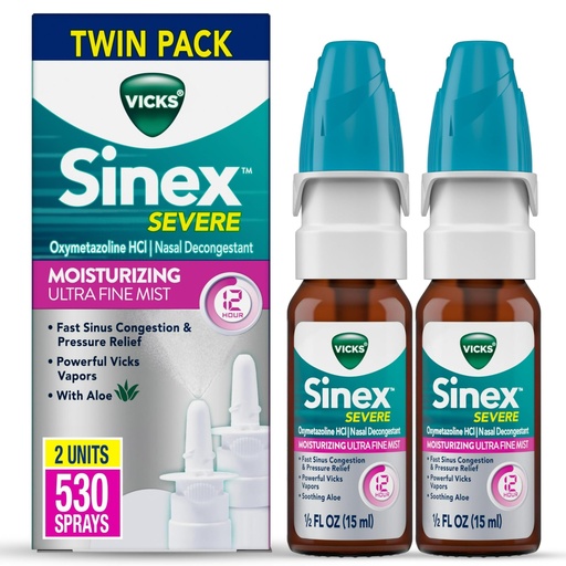 [BRSRAZDQAEJREDY3] Vicks Sinex Severe Nasal Spray, Moisturizing Ultra Fine Mist with Aloe, Decongestant Medicine, Relief from Stuffy Nose Due to Cold or Allergy, Nasal Congestion & Sinus Pressure Relief, 265 Sprays x 2