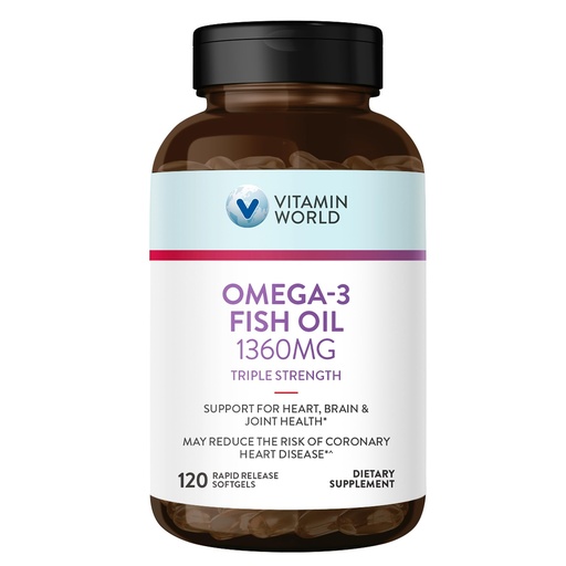 [BRSWIZIRCYNROYIV] Vitamin World Triple Strength Omega 3 Fish Oil 1360 mg Supplement, 950 mg Active Omega-3 Fatty Acids with EPA & DHA, Supports Heart, Brain & Joint Health, Gluten Free, 120 Softgels, 4 Months Supply