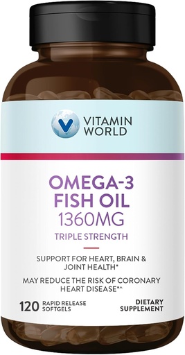 [BRSWIZIRCYNROYIV] Vitamin World Triple Strength Omega 3 Fish Oil 1360 mg Supplement, 950 mg Active Omega-3 Fatty Acids with EPA & DHA, Supports Heart, Brain & Joint Health, Gluten Free, 120 Softgels, 4 Months Supply