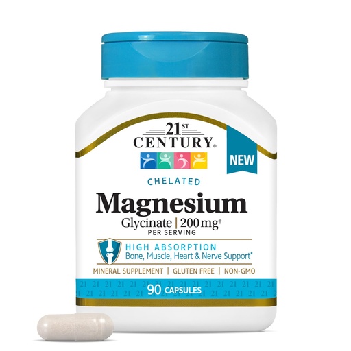 [BRSRAZQ2B4ARUAY7] 21st Century Magnesium Glycinate 200 mg Capsules per Serving, 90 Count