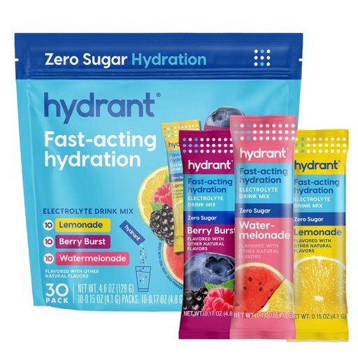 [BRSRAZQTBAPAOHTG] HYDRANT Hydrate Zero Sugar, Individual Hydration Electrolyte Powder Stick Packets with Zero Sugar and Electrolytes for Rapid Hydration (Variety Pack, 30 Count)
