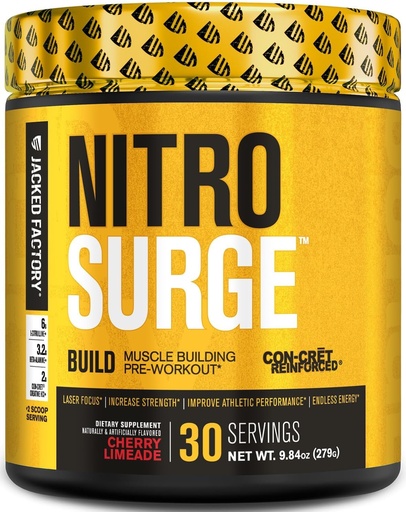 [BRSRMEIROAAR4FDL] Jacked Factory Nitrosurge Build Pre Workout with Creatine for Muscle Building - Con Cret Powder & elevATP Intense Energy, Powerful Pumps, Endless Endurance 30 Servings, Cherry Limeade