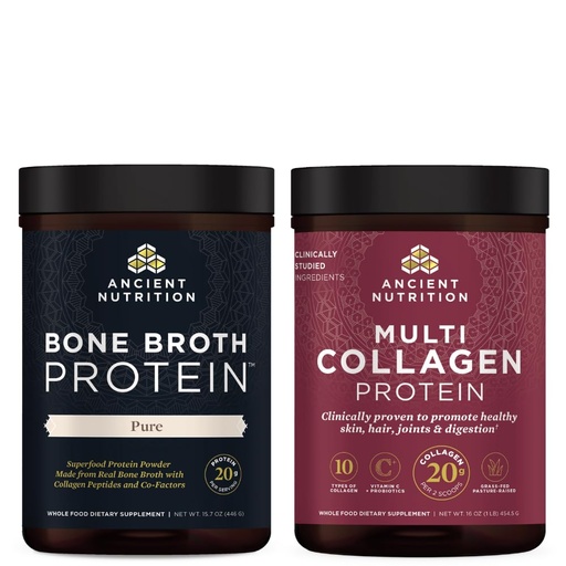 [BRSRMEARCUMAOAD2] Ancient Nutrition Bone Broth Protein Powder, Pure, 20 Servings + Multi Collagen Protein Powder, Unflavored, 45 Servings