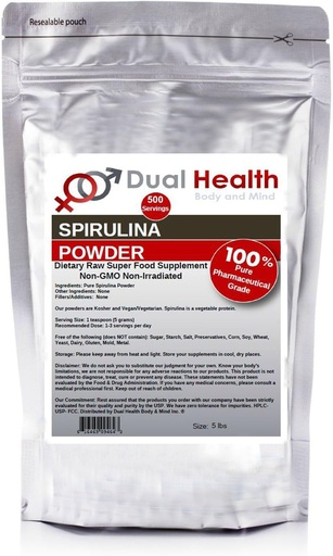 [BRSWIF3YCEIWYYLC] Dual Health Body & Mind Pure Spirulina Powder (5 lbs) Non Ir uitgestraald Protein Superfood Bulk Supplementen