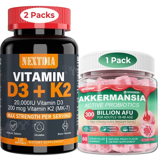[BRSRAAQBCEMBQC3H] Nextdia Vitamin D3 20,000 IU + K2(MK7) 200mcg Softgels + Akkermansia Probiotics Gummies with Prebiotics Fiber