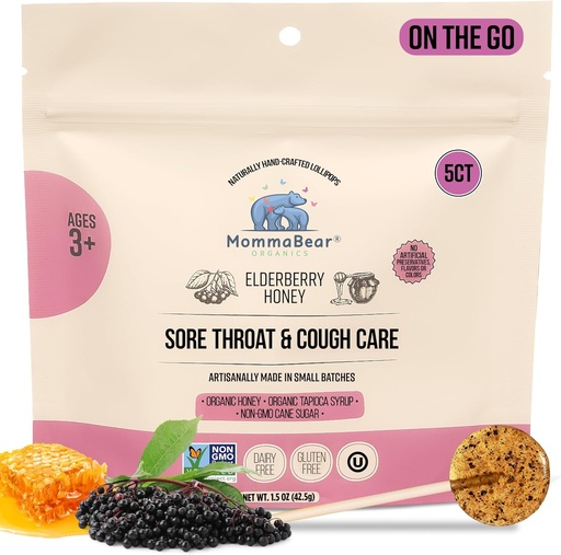 [BRSRAZYDOYFRS3LK] MommaBear Organics Handcrafted Kids Cough Lollipops – Natürliche Sore Throat Relief & Cough Drop Suckers für Kinder 3+ – Elderberry Bits, Honey & Organic Flavors – Stark versiegelt für Frische, 5pc