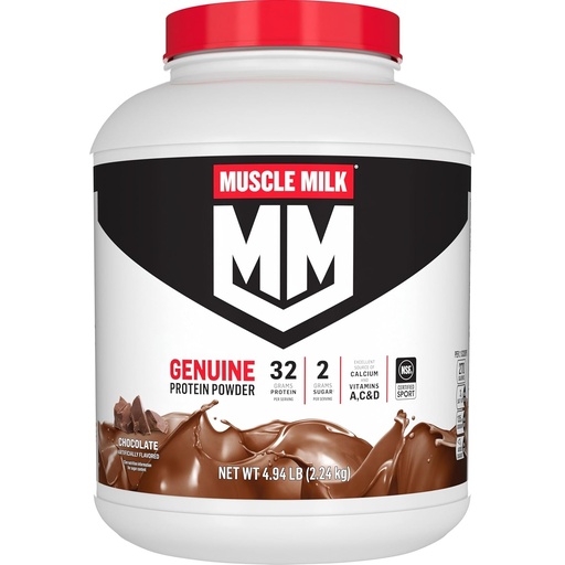 [BRSWIYANCYGWECDY] Muscle Milk Genuine Protein Powder, Chocolate, 4.94 Pound, 32 Servings, 32g Protein, 2g Sugar, Calcium, Vitamins A, C & D, NSF Certified for Sport, Energizing Snack, Packaging May Vary