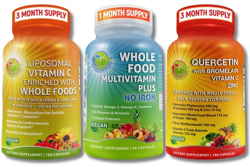[BRSRMFAPC4NGCCTV] Vegan Immune & Antioxidant Support Bundle – Liposomal Vitamin C 1500mg with Organic Acerola & Camu Camu + Quercetin 500mg with Bromelain, Zinc & Vitamin C + Vegan Whole Food Multivitamin Without Iron