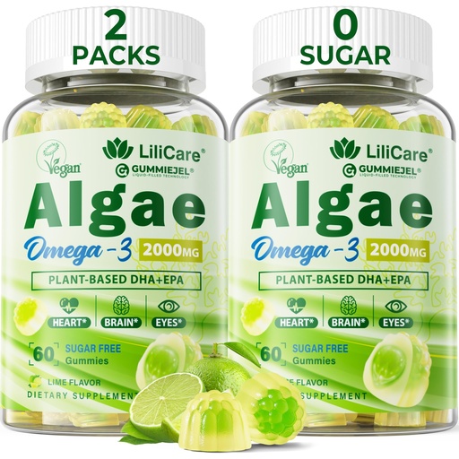[BRSROCANAEGRE3L7] Omega 3 Gummies 2200mg from Algae Oil (DHA 640mg & EPA 290mg) for Women & Men, Vegan Omega 3 Fish Oil Alternative, w/CoQ10, Astaxanthin, Vitamin A, E, D3 for Brain, Eye, Antioxidant,Sugar Free 2Packs