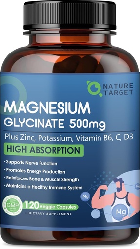 [BRSROCQNCF6WYCT4] NAT TARGET Magnezyum Glycinate 500 mg, Kas, Nerve & Bone için Magnezyum & Vitamin D3 ile desteklendi, Kalp Sağlığı & Leg Cramp, Güçlü Immune Sistemi - 120 Capsules