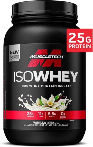 [BRSROAYZBMBRUDT3] MuscleTech ISO Whey Isolate Protein Powder, Vanilla - Post Workout Gym Supplement for Lean Muscle Gain, Body Building Weight Gainer & Recovery - 25g Protein, BCAA, EAA & 0 Added Sugar - 2lbs