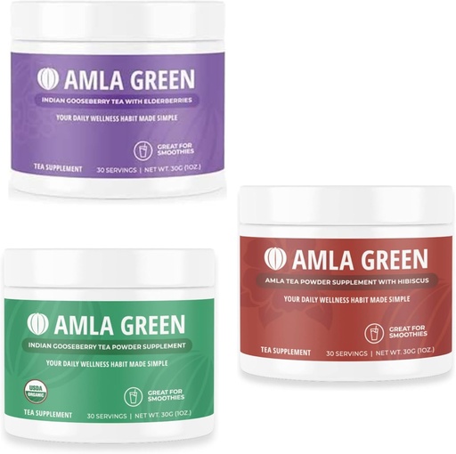 [BRSRAZIYOQBAKGTX] Amla Powder, Green Tea Superfood Supplement with Elderberry & Indian Gooseberries & Hibiscus, Organic, Vegan, 30 Servings