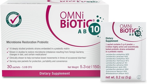 [BRSWYAQHOEHQI23O] OMNi BiOTiC AB 10 - Probiotic Restaurativ testat clinic - Suporturi & Restaurante Gut Flora & Digestion - Digestive Probiotice pentru Diaree - Vegan, Hipoallergenic, Non-GMO (30 Pachete zilnice)