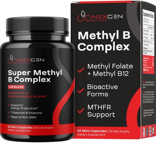 [BRSROCD5OUOWAA3G] Metilat B Complex de vitamine - Bioactive Metil B Complex cu 5-MTHF metil Folat & B12 metilcobalamină pentru Brain Heart Energy & Homocisteină suport - Super Vitamina B Complex (30 conta)
