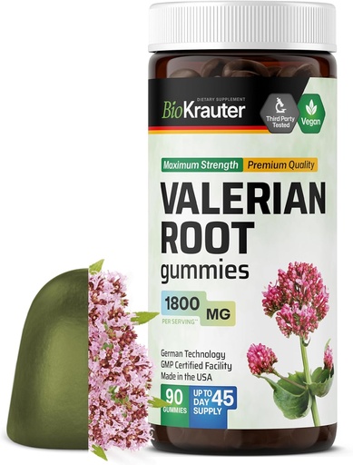 [BRSRMEIDAEBWMETJ] BIO KRAUTER Valerian Root Gummies - 1800 mg Strength - 90 Vegan Chews - No Melatonin - Support Relaxation & Calmness - Valerian Root Extract