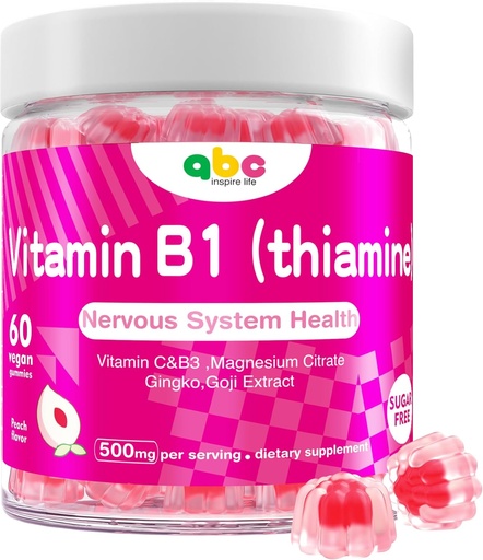 [BRSRAGL7DIMB6FA3] Vitamina B1 chicletes mastigável Thiamine 500mg & Vitamina B3 & Vitamina C, sem açúcar - Não OGM, Vegan, sabor de pêssego natural - Thiamine B1 Suplemento para Adultos e Crianças