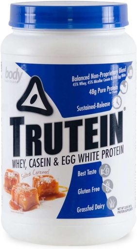 [BRSWIZYGDEGBKH32] Body Nutrition Trutein High Protein Powder: 45% Whey, 45% Casein, 10% Egg White, Gluten-Free, Low Sodium, Grass Fed Whey Protein Powder, Gym Supplement & Breakfast Shake, Salted Caramel, 2lb