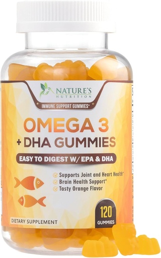 [BRSWYYIZBUFA4ADK] Omega 3 Gume de ulei de pește, inima sanatoasa Omega 3 Gummy Supliment cu înaltă absorbție DHA & EPA, Extra Putere comun & Brain Support, Delicious Orange Aroma Ulei de pește Vitamina naturii - 120 Gume
