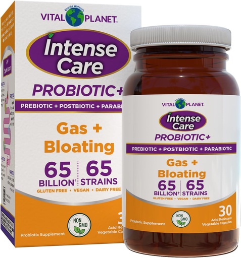 [BRSRAFD4DF5BSGT5] Vital Planet - Intense Care Gas & Bloating Probiotics, Prebiotics, Postbiotics, Parabiotics, 4-in-1 Refrigerated Supplement for Adults, 65 Billion CFU, 65 Strains, Digestive and Immune, 30 ct