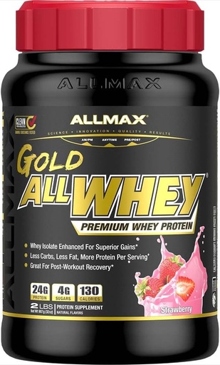 [BRSWGFQZOJ6BAHTH] ALLMAX Nutrition Gold ALLWEY, Strawberry - 2 LB - 24 Grams of Protein Per Scoop - Gluten Free, Low Carb & Low Sugar - kb. 30 Servings