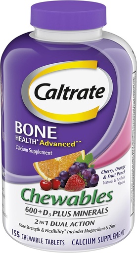[BRSWKYQPAIIA23LA] Caltrate Calcium & Vitamin D3 Supplement 600+D3 Plus Minerals Chewable Tablet, 600mg (Cherry, Orange, and Fruit Punch Flavors, 155 Count)