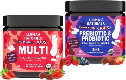 [BRSRA2YKOQARG3DZ] Llama Naturals Kids Multivitamin and Probiotic and Prebiotics Bundle, Vegan, Organic Gut Health and Immune Support Gummies, Real Fruit Gummy Vitamins, No Added Sugar Cane, 2 Bottles, 30 Day Supply