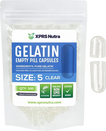 [BRSWYZDRDNYBSCAU] XPRS Nutra Size 5 Empty Capsules - 500 Count Very Small Clear Empty Gelatin Capsules - Pills DIY Capsule Filling - Fillable Pill Gel Caps for Do-It-Yourself Vitamin Supplements