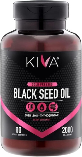 [BRSWGEDYDMCAKELJ] Kiva Black Seed Oil Softgel Capsules - Cold-Pressed (2000mg), 2%+ High Thymoquinone (TQ), 100% Turkish Nigella Sativa Seed Oil, 90 Vegan Softgels