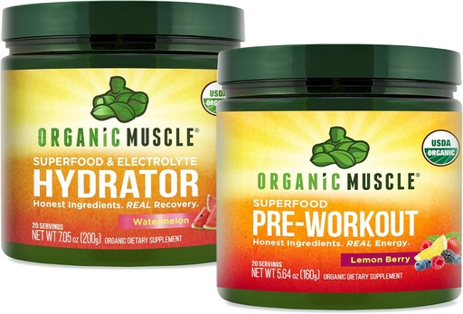 [BRSW2EARBUHRGDTO] Organic Muscle Bundle - Pre-Workout Powder for Energy (Lemon Berry) + Replenisher for Hydration (Watermelon) - USDA Certified Organic