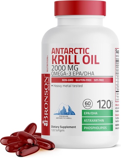[BRSWYHARC5YAAYDA] Bronson Antarctique Krill Oil 2000 mg avec Omega-3s EPA, DHA, Astaxanthin et Phospholipides 120 Softgels (60 portions)