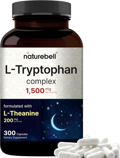 [BRSWGBDRB4NQGA3G] NatureBell L Tryptophan 1300mg con L Theanine 200mg, 300 cápsulas ← Forma gratuita activa, Suplemento basado en plantas – Fórmula tranquila, soporta la relajación – No Gluten