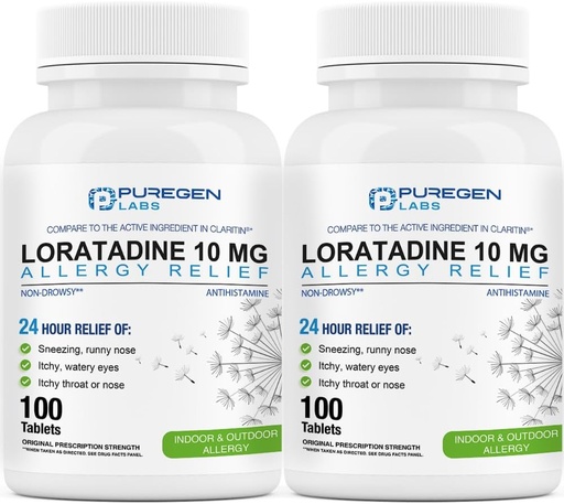 [BRSRMHA6AAPW2HIZ] Puregen Labs Allergy הקלה, Loratadine 10 מ"ג, 100 טבליות - 24 Hour non-Drowsy Antihistamine Allergy Medicine for Runny Nose, Sneezing, Itchy, Watery Eyes (2)