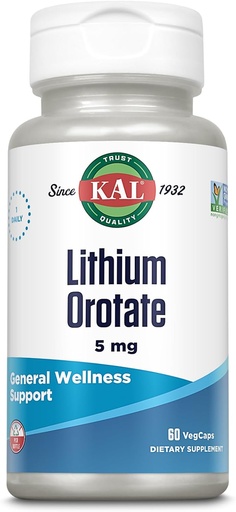 [BRSWI2YLOZ6GE2Y7] KAL Lithium Orotate 5mg | Low Serving of Chelated Lithium Orotate for Bioavailability & Mood Support | in Organic Rice Bran Extract Base | 60 VegCaps