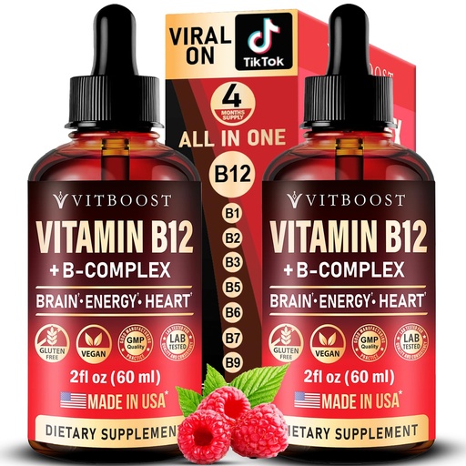 [BRSRA2Y5AQCBOD33] 2 Pack Vitamin B Complex 20000 mcg - Vitamin B12 Sublingual Methylcobalamin Extra Strength Raspberry Liquid Drops for Women and Men - USA Made, B1, B2, B3, B5,B6, Biotin, Folic Acid | 4fl oz (120ml)