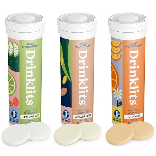 [BRSROBICPIIAI3LV] Drinklits Daily Hydration Variety Pack (3) Tube Bundle | Ginger-Lime + Lemon-Lime + Orange | Electrolyte Tablets – 0g Sugar – Great Taste | 30 Servings - 10 Tablets Per Tube
