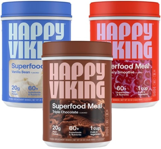 [BRSRMHTYCJYGA2TV] Happy Viking Chocolate, Vanilla and Strawberry Powder, by Venus Williams, 20G Protein, Low Carb, Keto, Vegan, Gluten-Free, Superfoods, Complete Meal Replacement, 3 Canisters (24 oz. Each)