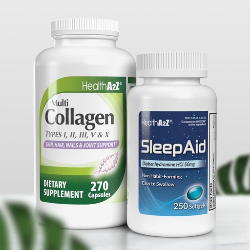 [BRSROAYZBMHRYDT4] HealthA2Z® Sleep & Rejuvenate Combo Sleep Aid 50mg Diphenhydramine HCl (250 Softgels) Multi Collagen Pills, 1735 mg (270 Collagen Capsules) – Bundle Deal!