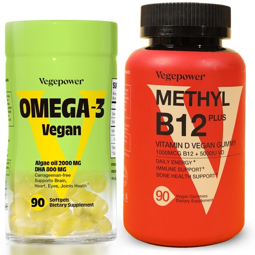 [BRSROFQLDMDWKF3L] Vegan Omega-3 + Vitamin B12 Gummy | Algae Omega-3 DHA Supplements for Brain, Heart Eyes Health | Methyl B12 1000 mcg & Vitamin D 5000 IU for Energy and Immune Support - 90 Count