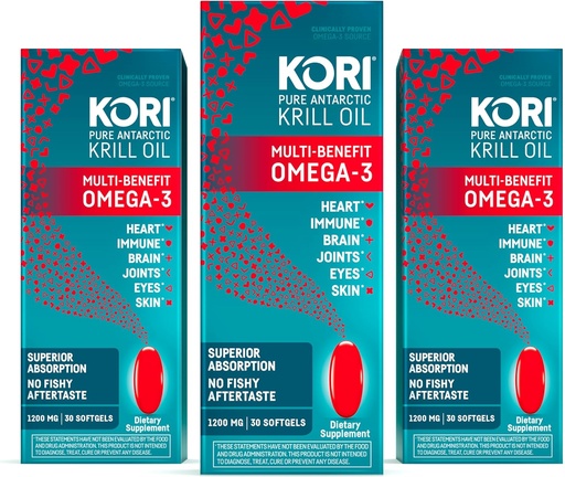 [BRSW2EI6OYBRED33] Kori Krill Oil Omega 3 Supplement, Antarctic Krill Oil with Superior Absorption vs Fish Oil, 1200mg Softgels, 30 Softgels, EPA & DHA (Pack of 3)