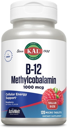 [BRSRMAIEAUFWKHLZ] KAL Vitamin B12 Methylcobalamin 1000mcg, Healthy Energy, Metabolism, Nerve and Red Blood Cell Support, Fast Dissolve ActivMelt, High Absorption, Vegetarian, Natural Raspberry, 120 Serv, 120 Micro Tabs